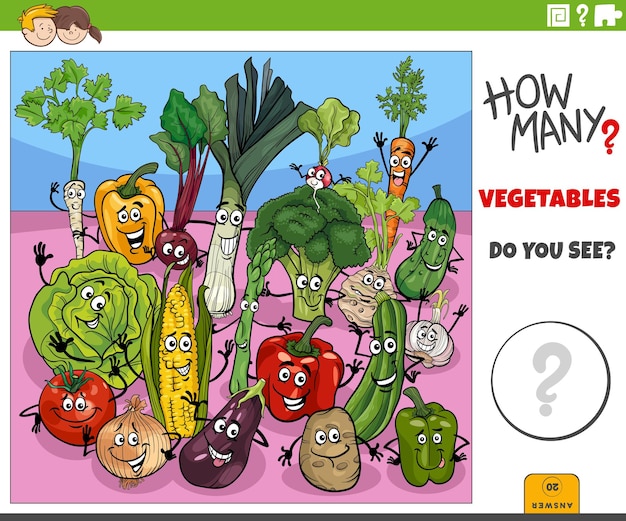 Ilustración de la actividad educativa de contar con personajes de dibujos animados de verduras