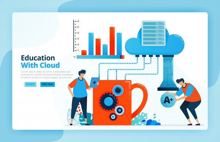 Vector ilustración de actividades de aprendizaje utilizando el sistema de computación en la nube.