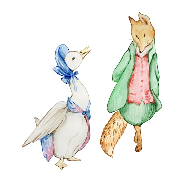 Ilustración en acuarela de los amigos de Peter Rabbit