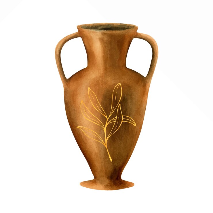 Ilustración en acuarela de una ánfora de cerámica para aceite de oliva con ornamento dorado aislado