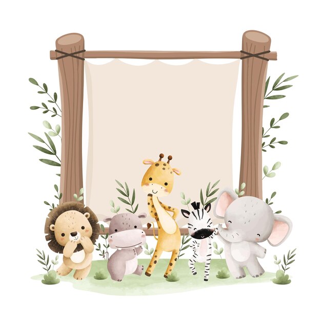 Ilustración de acuarela Animales felices de safari y tablero de madera