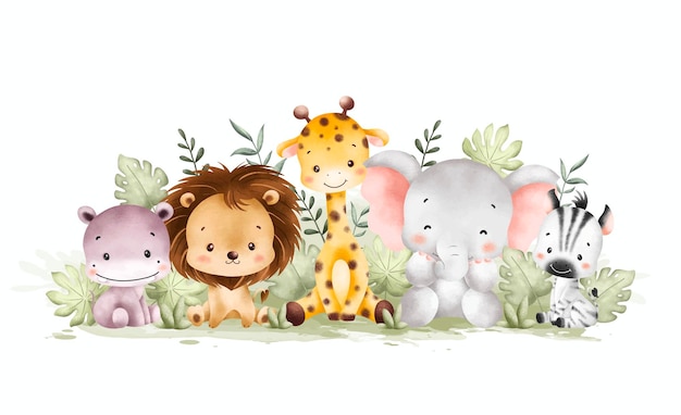 Ilustración de acuarela Animales de safari y hojas tropicales