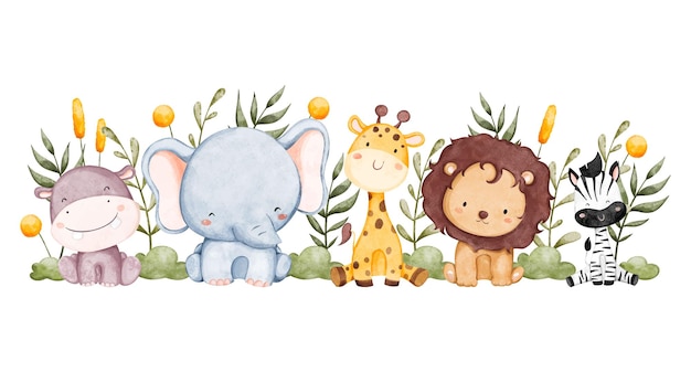 Ilustración de acuarela animales de safari en el jardín con hojas tropicales
