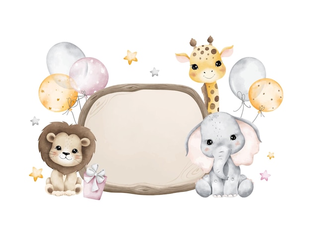 Ilustración de acuarela Animales de safari y tablero de madera con globos