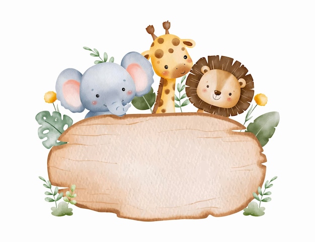 Ilustración de acuarela Animales de safari y tablero de madera