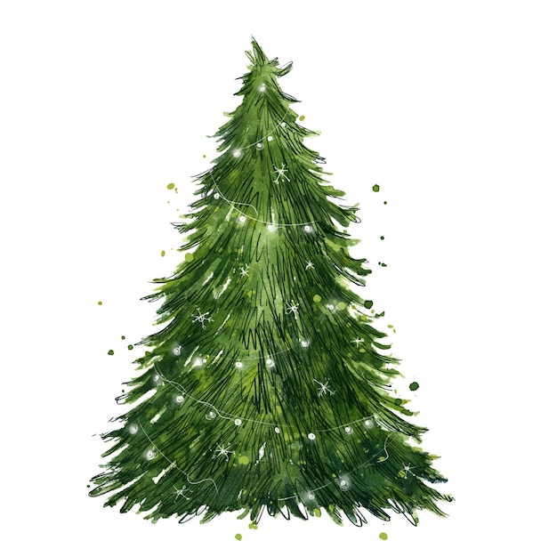 Ilustración de acuarela de árbol de Navidad tradicional decorado pintado a mano