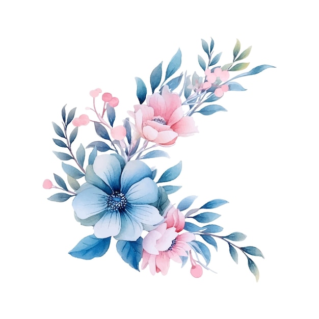 Ilustración acuarela de arreglo floral rosa y azul