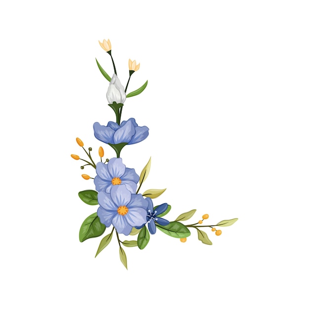 Vector ilustración de acuarela de arreglo de flores blancas azules