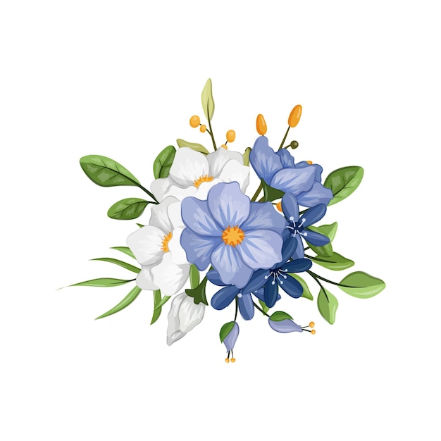 Vector ilustración de acuarela de arreglo de flores blancas azules