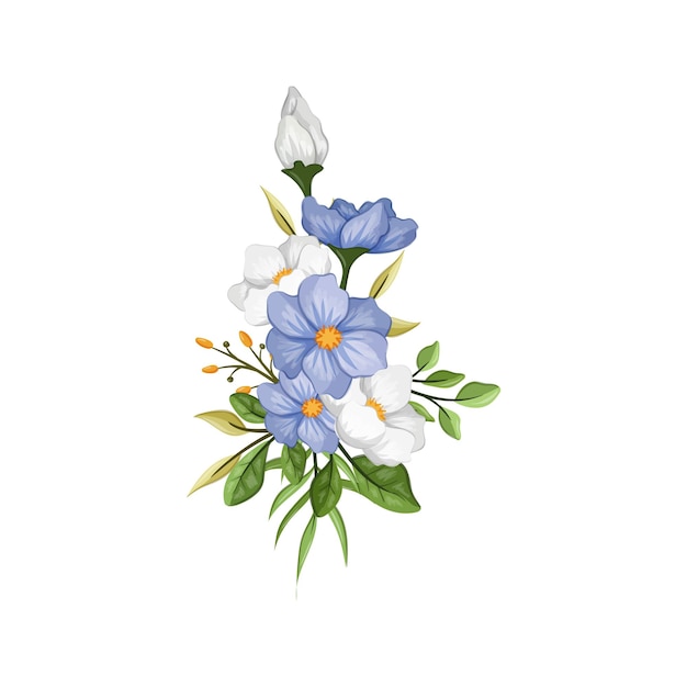 Vector ilustración de acuarela de arreglo de flores blancas azules