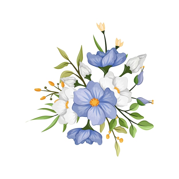 Vector ilustración de acuarela de arreglo de flores blancas azules