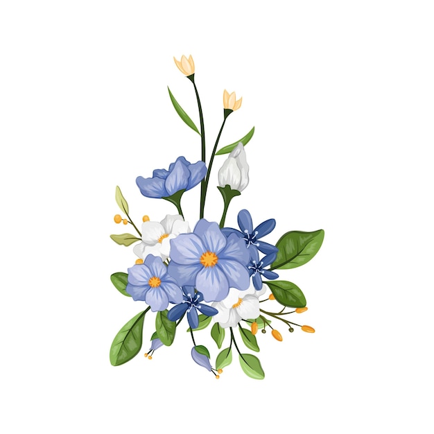 Ilustración de acuarela de arreglo de flores blancas azules