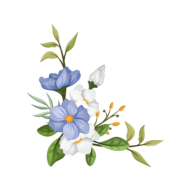 Ilustración de acuarela de arreglo de flores blancas azules