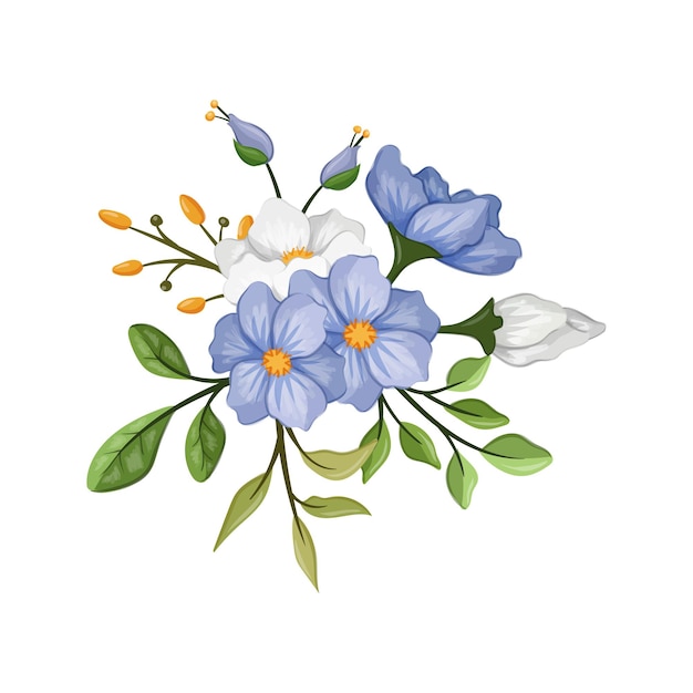 Vector ilustración de acuarela de arreglo de flores blancas azules