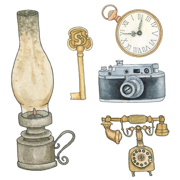 Vector ilustración acuarela de artículos vintage boho clipart