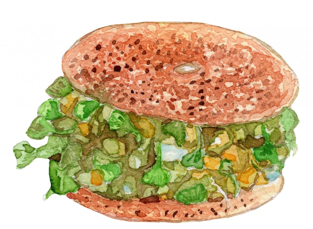 Vector ilustración de acuarela de bagel de aguacate