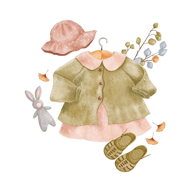 Ilustración de acuarela de bebé boho. Ropa y juguetes antiguos para niños. Ropa de bebé retro en el hombro. Vi