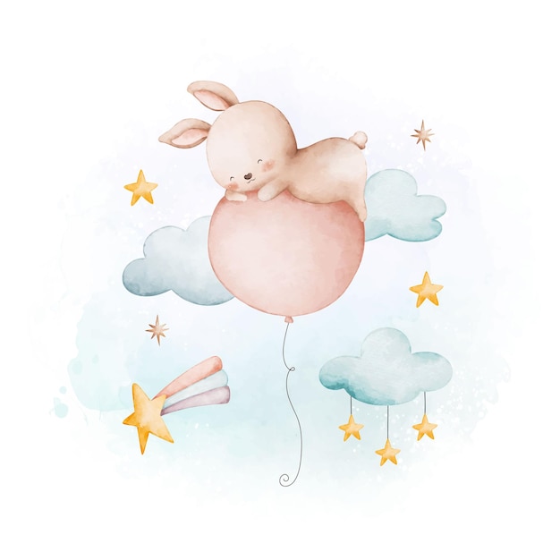 Ilustración acuarela bebé conejo y globo con nubes y estrellas