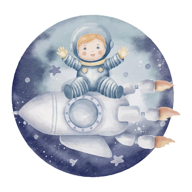 Ilustración en acuarela de un bebé cosmonauta sentado en una nave espacial sobre el fondo de un dibujo de planetas