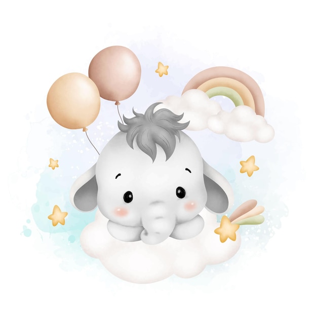 Ilustración de acuarela un bebé elefante lindo en la nube con globos y estrellas