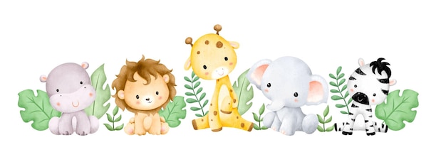 Ilustración acuarela bebé safari animales y hojas tropicales