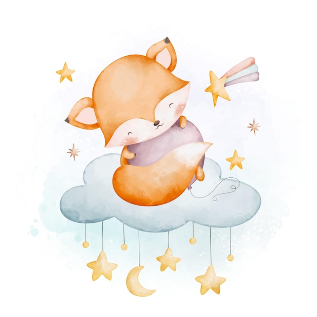Ilustración acuarela bebé zorro y globo se sienta en la nube con estrellas