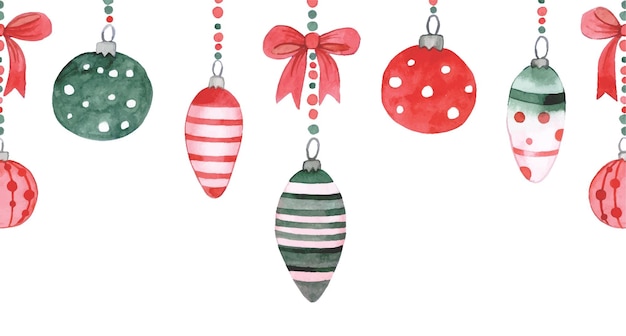Ilustración de acuarela con borde sin costuras de lindo arco de Navidad y juguetes de árbol