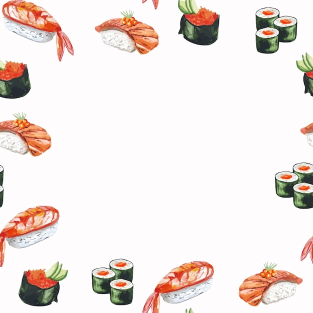 Vector ilustración de acuarela de borde de marco de sushi de patrón para textil, tela, decoración, invitación, cubiertas