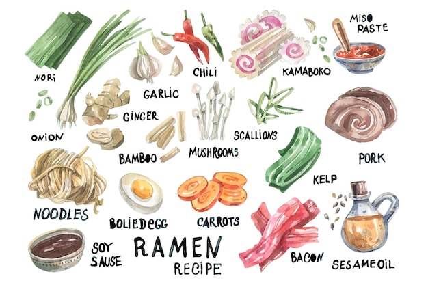 Ilustración acuarela brillante de la cocina tradicional japonesa, ramen, ingredientes y descripción.