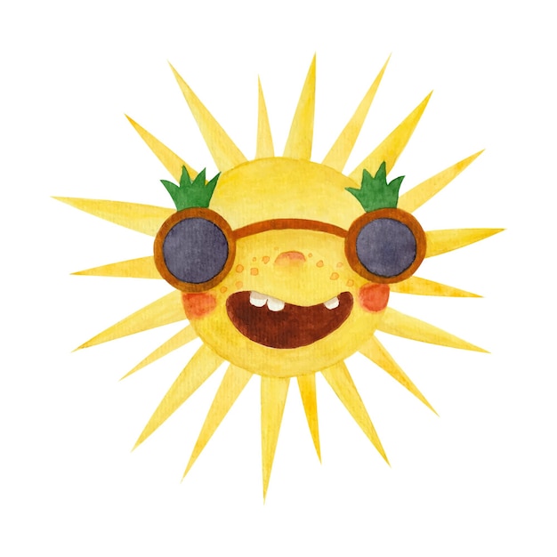 Ilustración acuarela brillante con un sol sonriente en gafas de sol