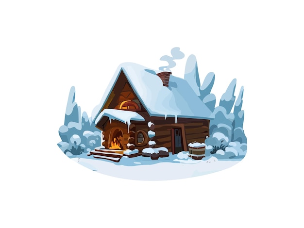 Ilustración en acuarela de una cabaña en el bosque con imagen de clipart vectorial de nieve en fondo blanco
