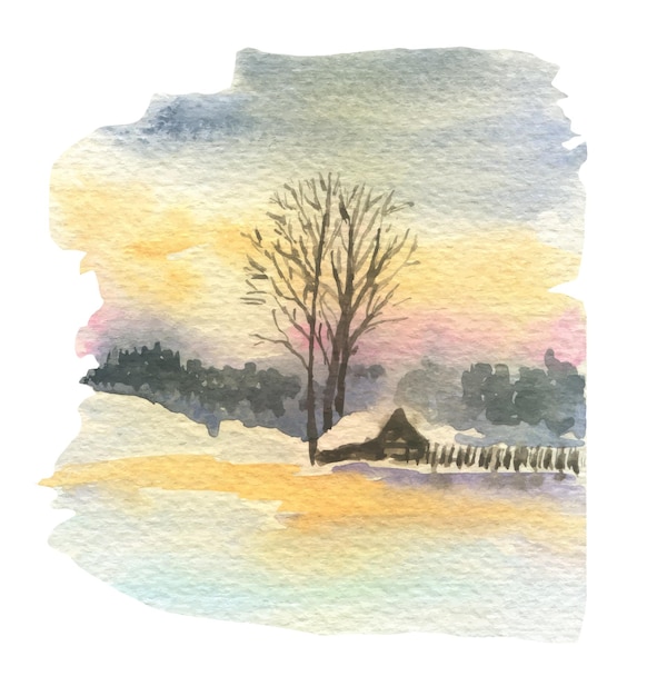 Ilustración acuarela de una cálida puesta de sol de invierno, una casa de madera bajo un árbol en la nieve