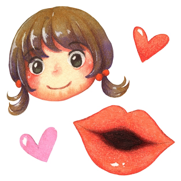 Ilustración acuarela caricatura cara sonrisa niña, labios rojos y corazón