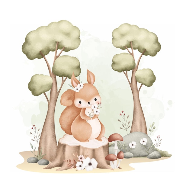 Ilustración de acuarela Cariñosa ardilla y flores en el bosque