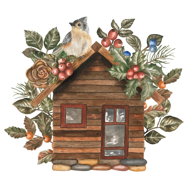 Ilustración de acuarela de casa de tarjeta de navidad