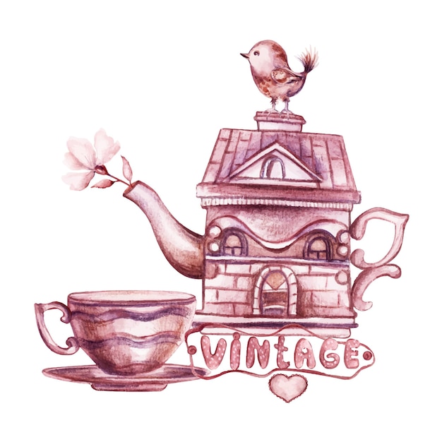 Ilustración de acuarela en casa de té de estilo vintage, taza, pájaro