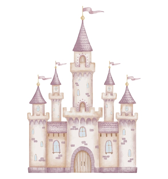Ilustración de acuarela del castillo Ilustración del palacio de cuentos de hadas con torres en colores rosados pastel para tarjetas de felicitación de bebés y arte de pared de la guardería de niñas Fortaleza mágica para diseño infantil y cartel infantil