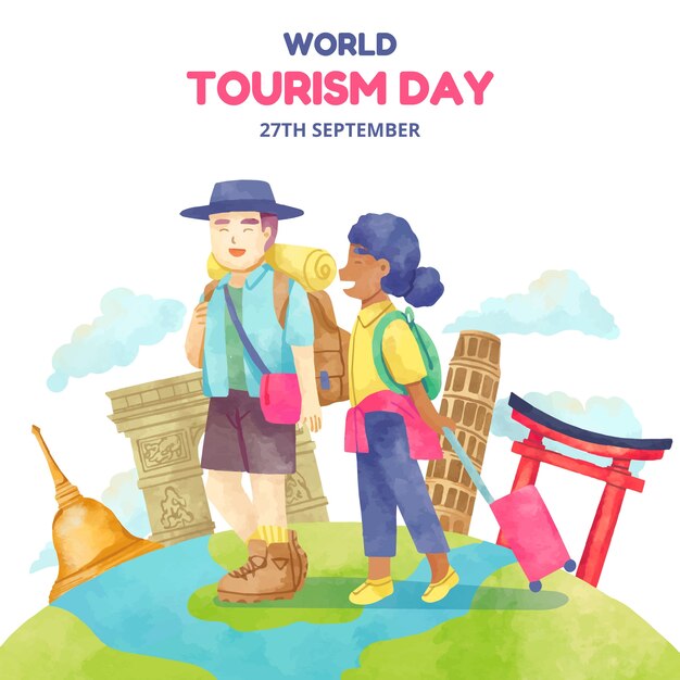 Vector ilustración en acuarela para la celebración del día mundial del turismo