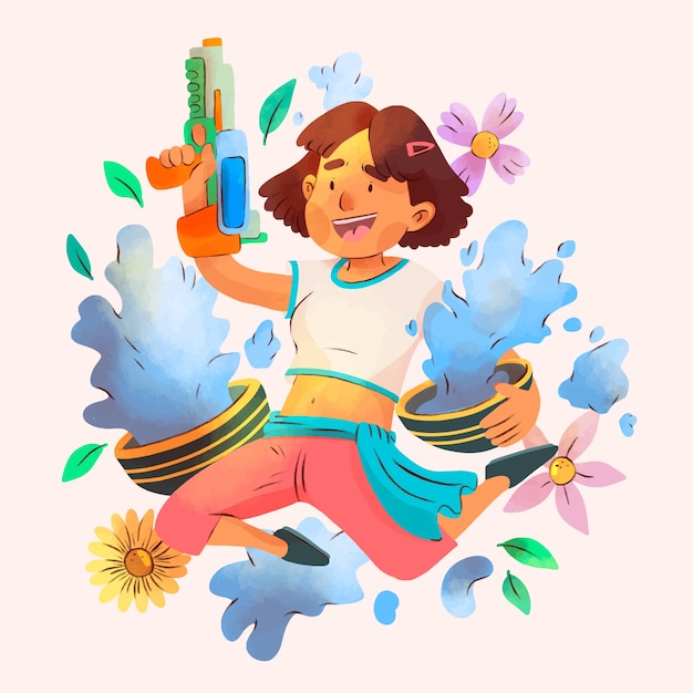 Vector ilustración de acuarela para la celebración del festival del agua de songkran