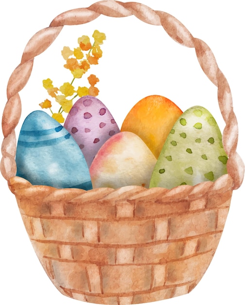 Ilustración acuarela con cesta de mimbre huevos de Pascua y mimo