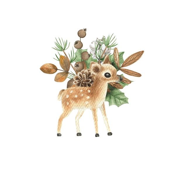 Ilustración acuarela de un ciervo de composición de invierno. Tarjeta de año nuevo.