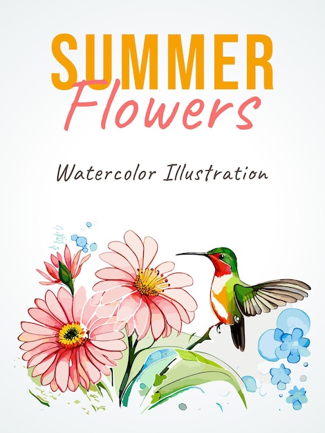 Vector una ilustración acuarela de un colibrí y flores.