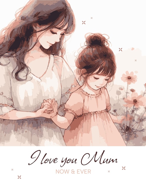 Ilustración en acuarela con colores pastel de una madre y su hija tomados de la mano