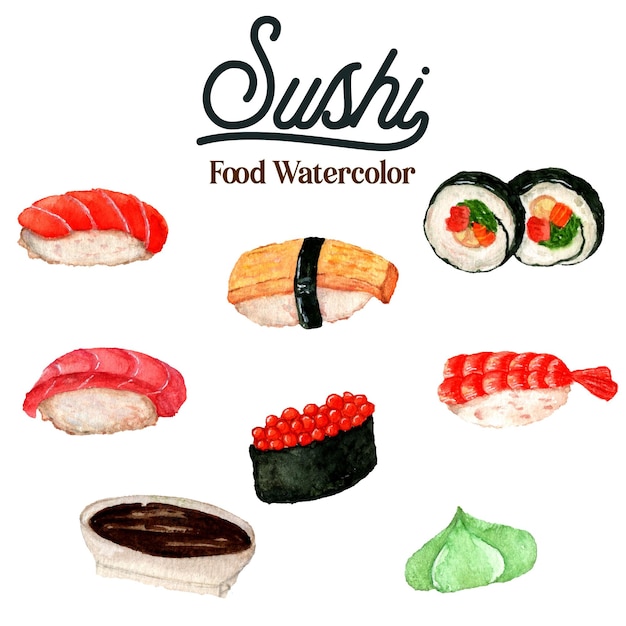 Vector ilustración de acuarela de comida de sushi