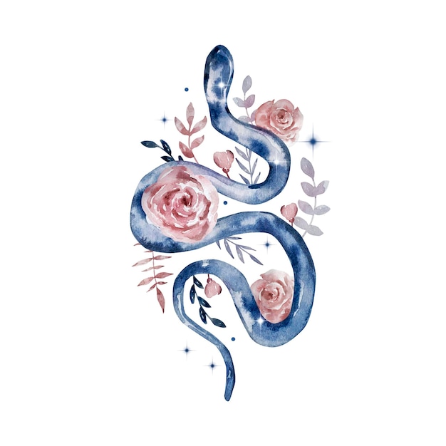 Ilustración de acuarela. composición abstracta mágica selestial. una serpiente con flores y estrellas. composición aislada sobre fondo blanco.