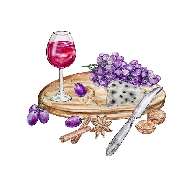 Ilustración acuarela composición copa de vino en una bandeja redonda de madera con queso de uvas y especias