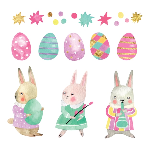 Ilustración acuarela de conejitos de pascua con huevos de colores, estrellas y oropel. conjunto de elementos de pascua y personajes dibujados a mano.