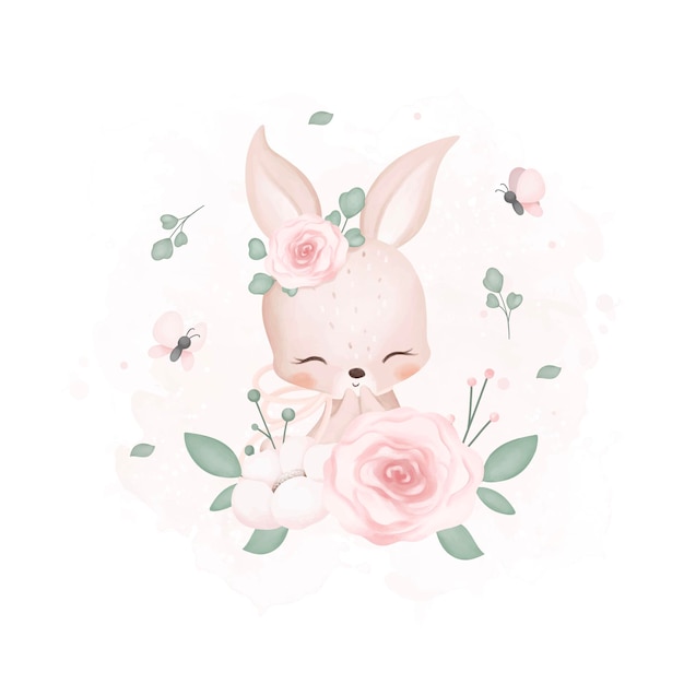 Vector ilustración de acuarela conejo lindo con flores y mariposas