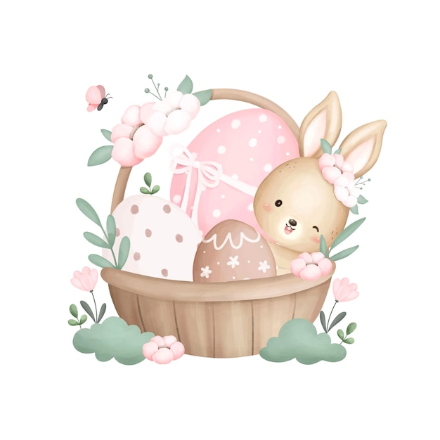 Ilustración de acuarela Conejo de Pascua en canasta y huevos de Pascua con flores y mariposas