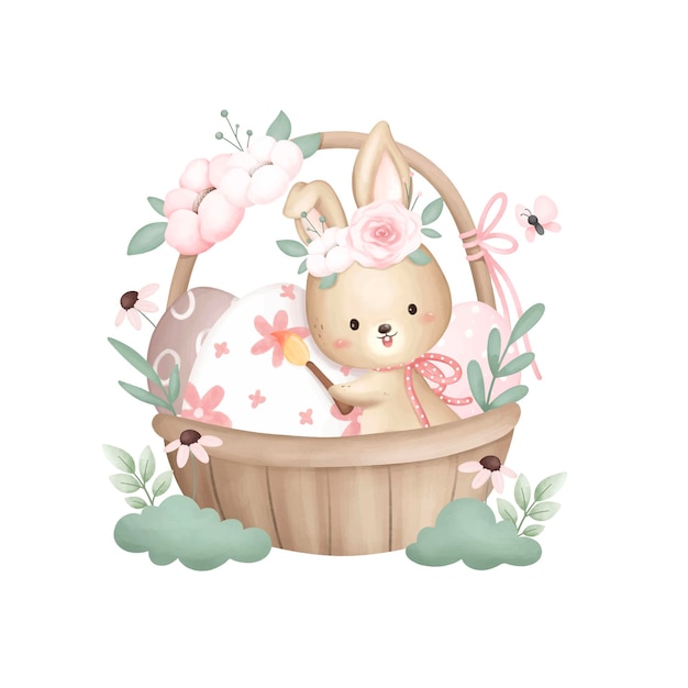 Ilustración de acuarela Conejo de Pascua en canasta y huevos de Pascua con flores y mariposas